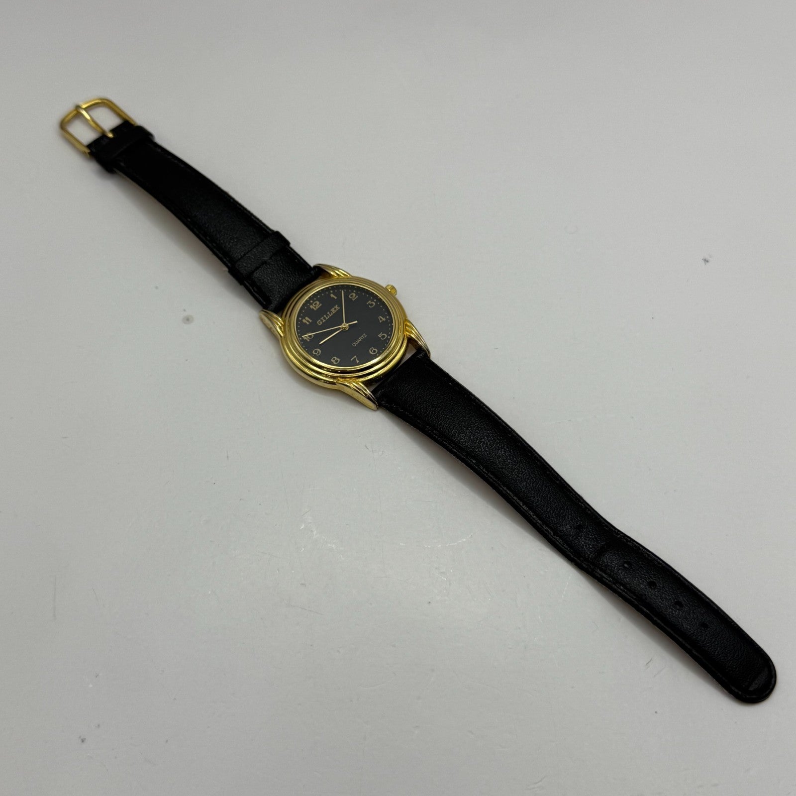 33mm Working Gillex Gold Plated Ladies Black Dial Strap Quartz Watch 6.5 Inches