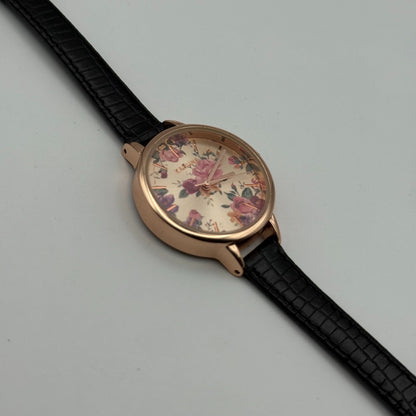 Kahuna Ladies Quartz Watch Floral Dial Black Leather Strap Working 30mm