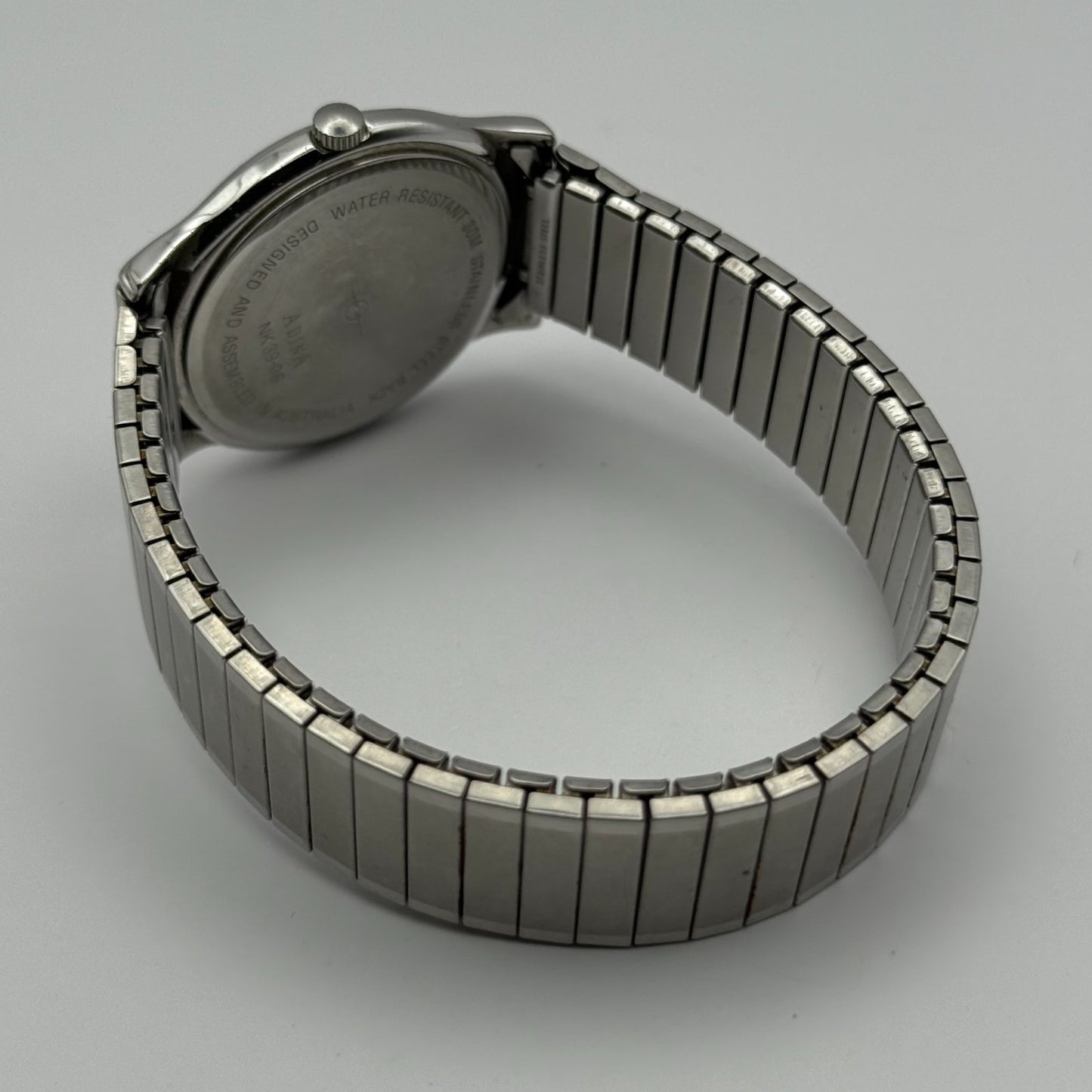 Adina Design Ladies Quartz Watch Date Dial Silver Tone Stretch Band Working 33mm