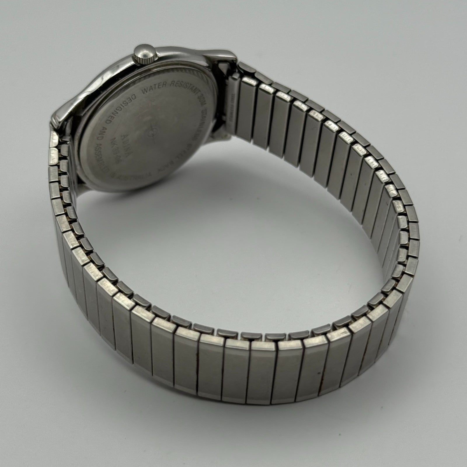 Adina Design Ladies Quartz Watch Date Dial Silver Tone Stretch Band Working 33mm