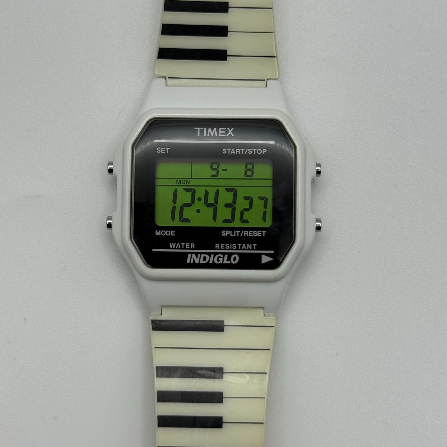 Timex Indiglo Digital Quartz Watch Piano Strap White Black Strap Working 34mm