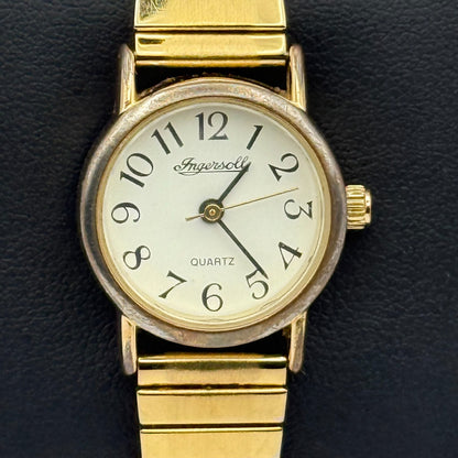 Ingersoll Ladies Quartz Watch White Dial Gold Tone Stretch Band Working 21mm