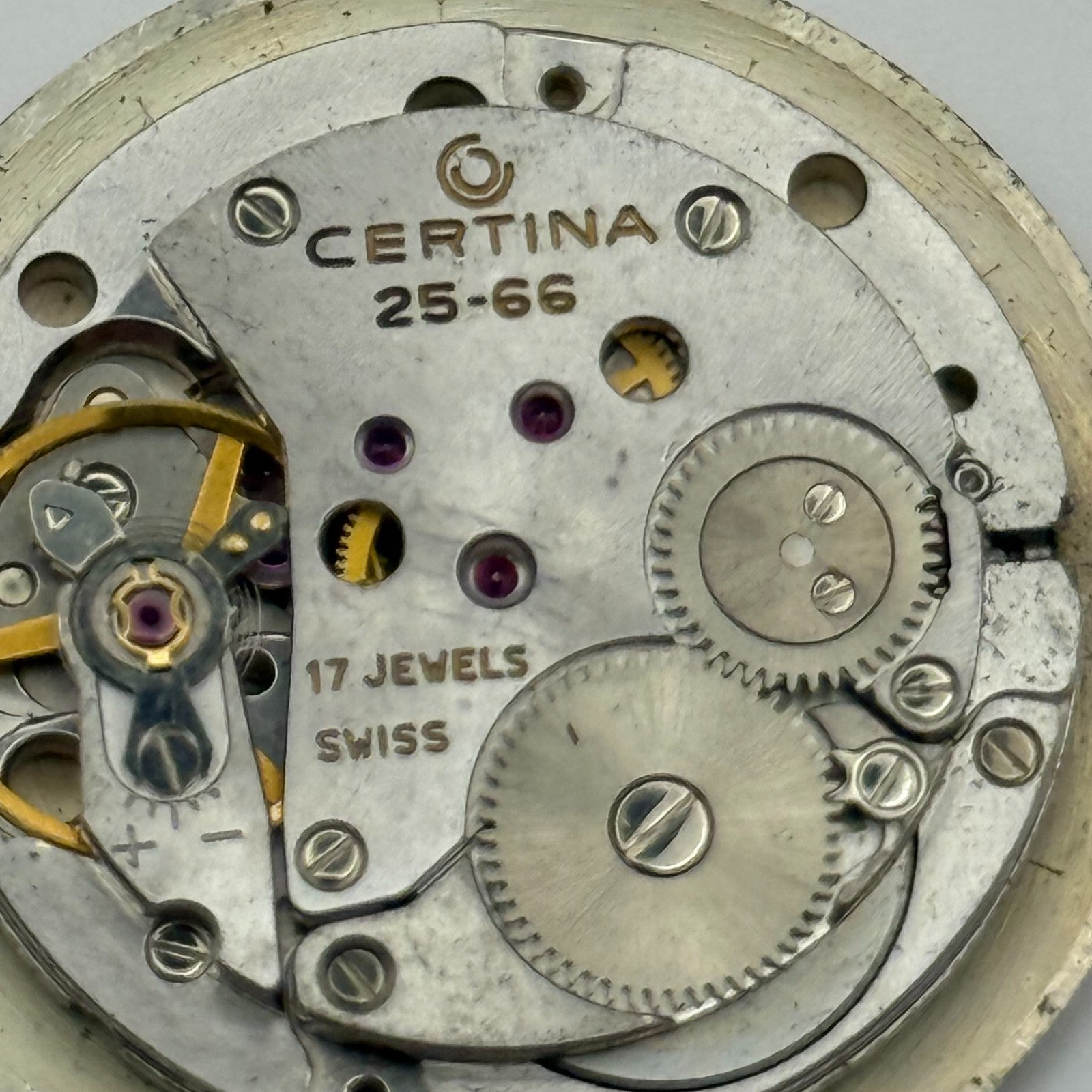 Certina 25-66 Watch Movement Manual Wind Vintage Swiss 17 Jewels Parts 25.8mm