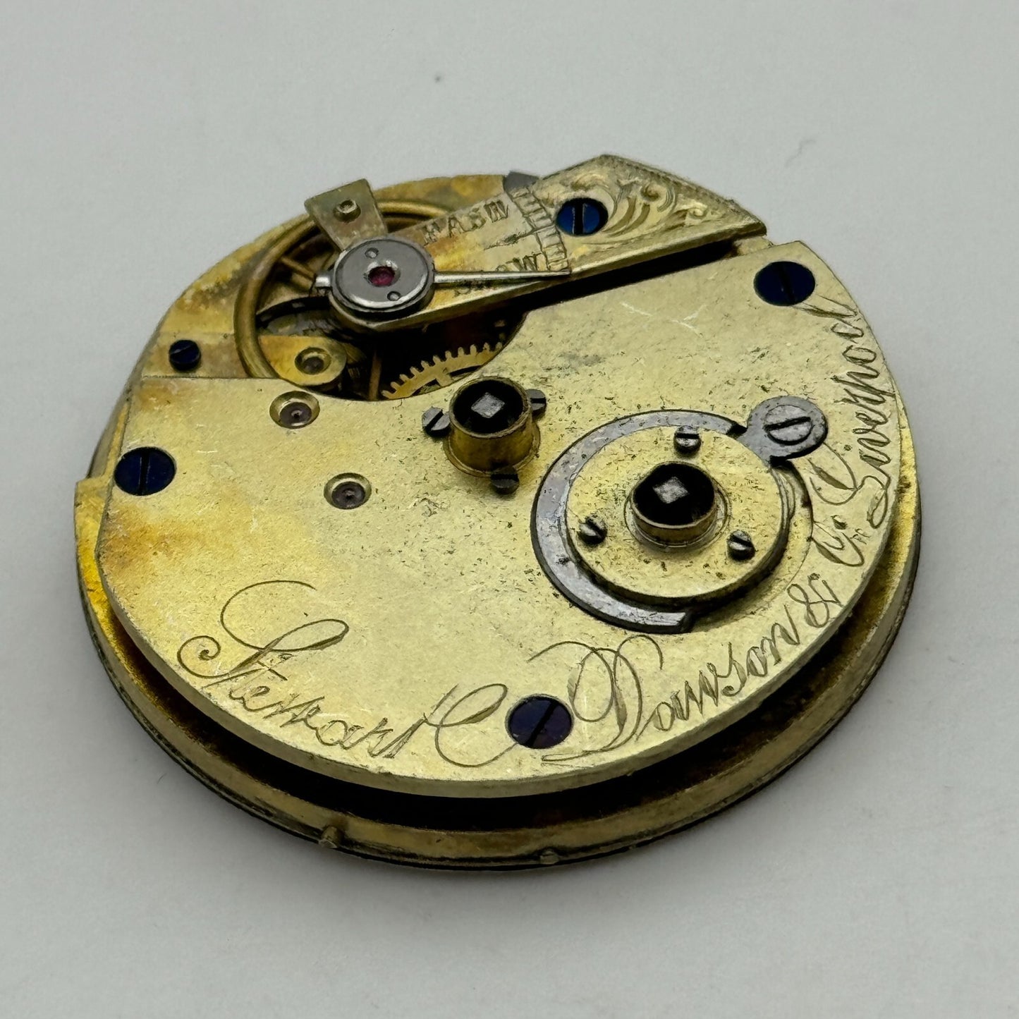 36.3mm Antique Stewart Dawson Co Liverpool Key Wound Pocket Watch Movement PARTS