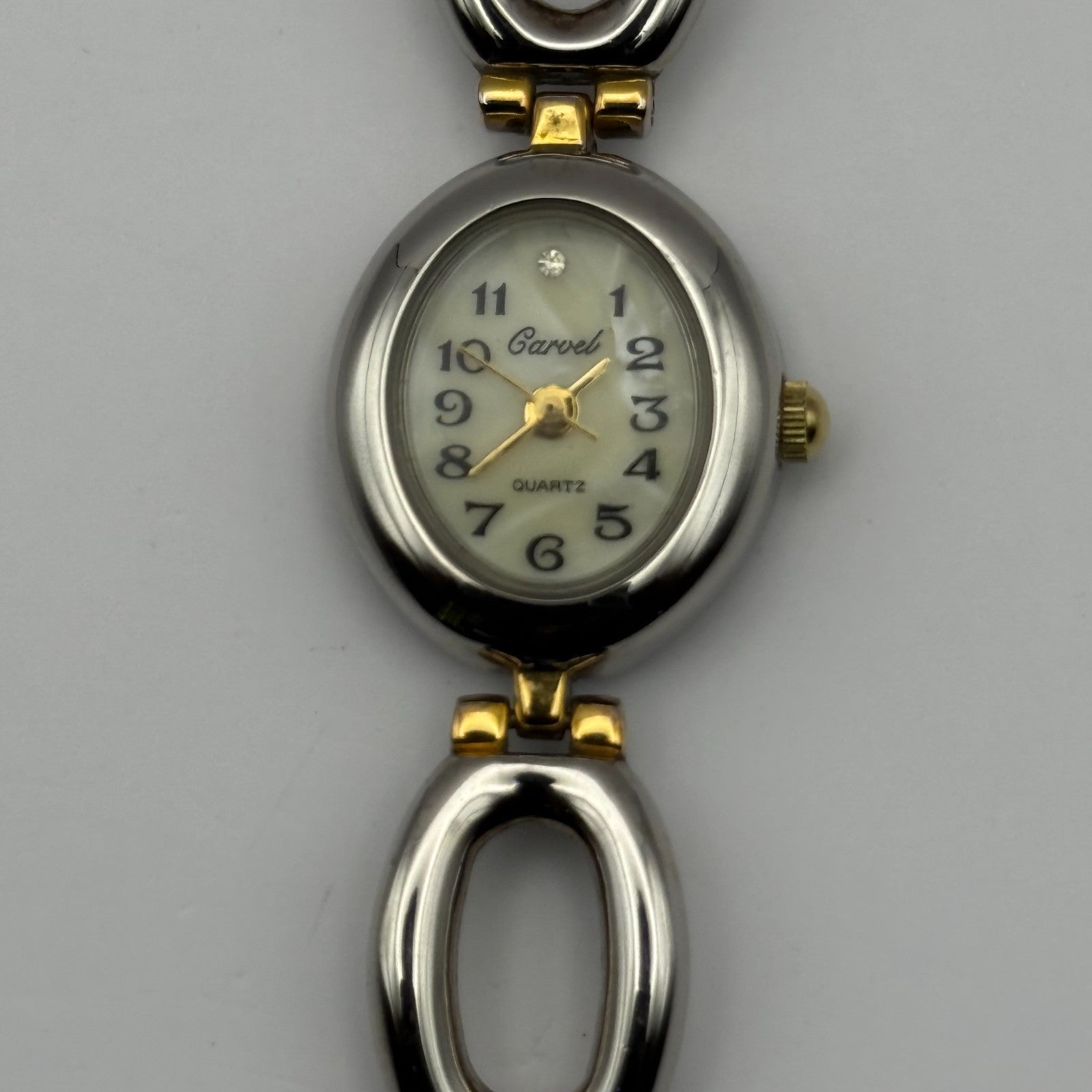 Carvel Ladies Quartz Watch MOP Oval Dial Silver Gold Tone Bracelet Working 19mm