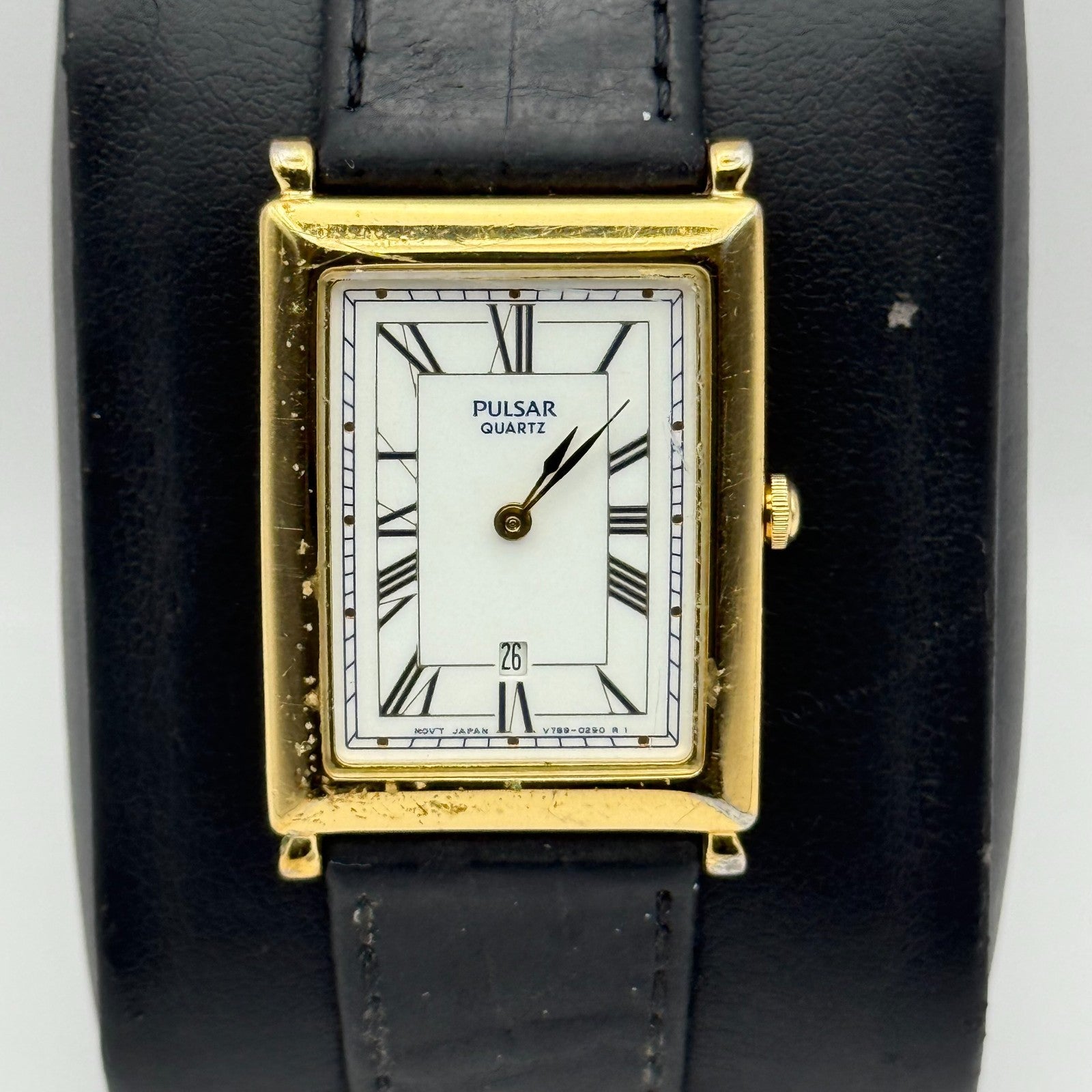 Pulsar Tank Watch Quartz Rectangular Date Dial Black Strap Japan Working 23mm