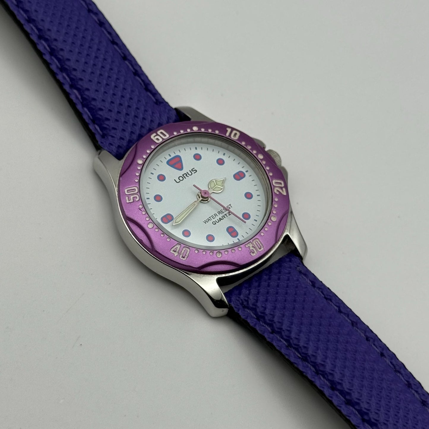 Lorus Quartz Watch White Dial Purple Strap Bezel Japan Working 26mm New Battery
