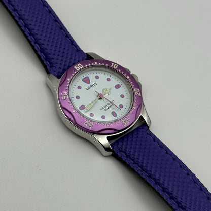 Lorus Quartz Watch White Dial Purple Strap Bezel Japan Working 26mm New Battery
