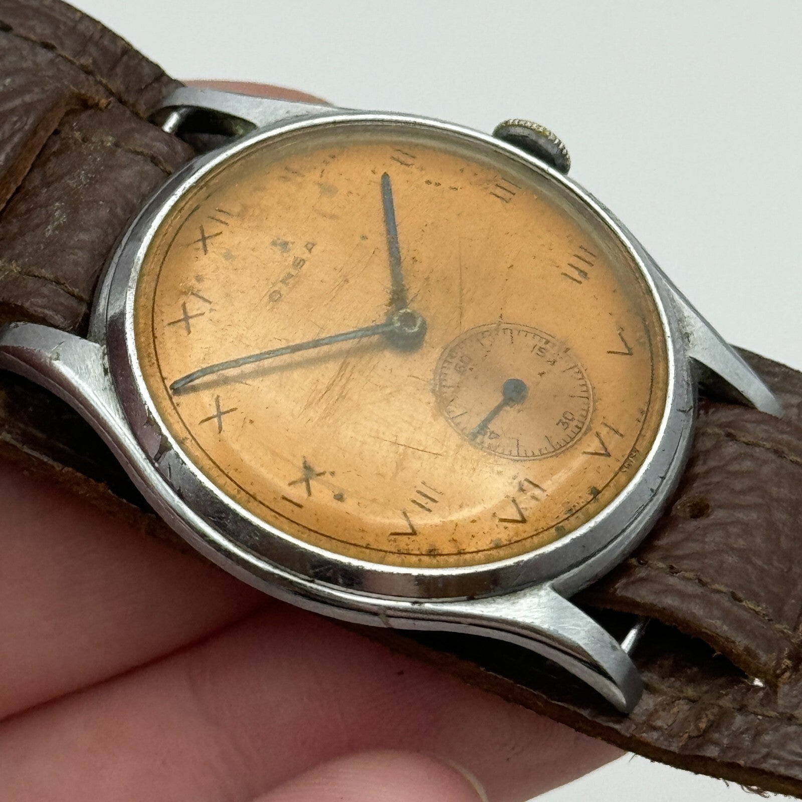 34mm Men’s Vintage Onsa Bund Strap Salmon Dial Manual Wind Watch TO RESTORE