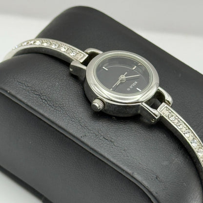 Solo Ladies Quartz Watch Black Dial Rhinestone Accents Bracelet Working 19mm