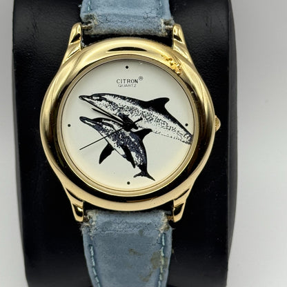Citron Ladies Quartz Watch Dolphin Dial Gold Tone Blue Strap Working 35mm