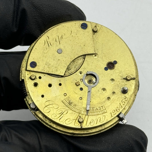 41.2mm Antique C R Allen Partial Pocket Watch Movement FOR PARTS Repair