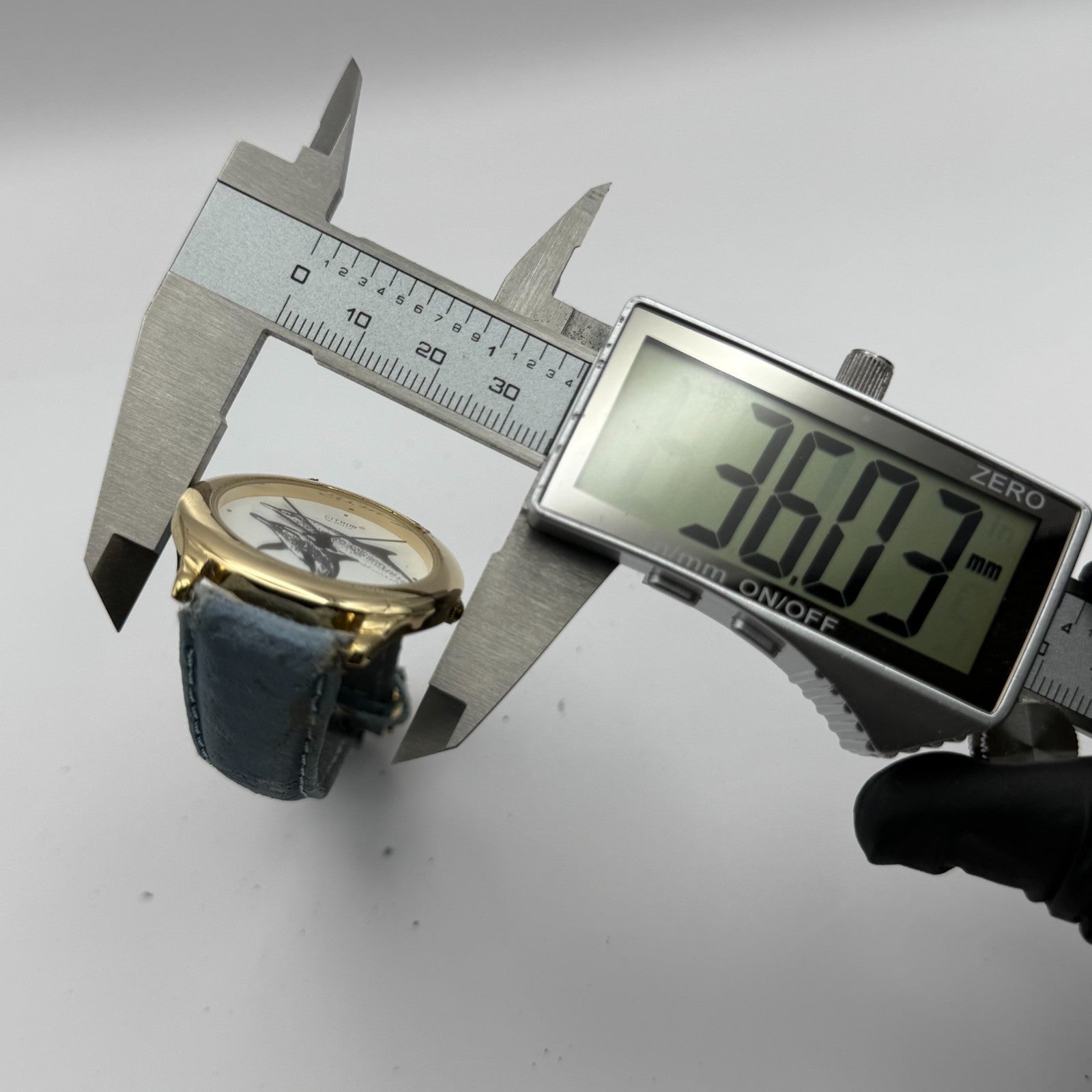 Citron Ladies Quartz Watch Dolphin Dial Gold Tone Blue Strap Working 35mm