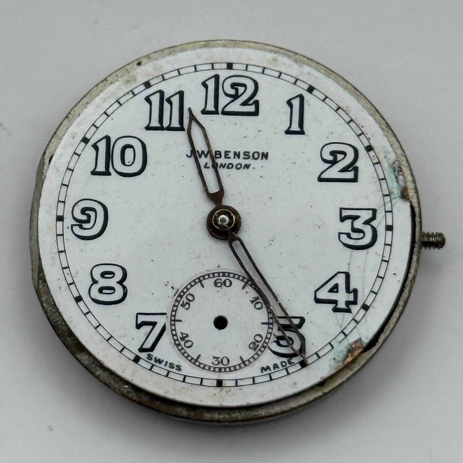 J W Benson Trench 15 Jewels Watch Movement Manual Wind Vintage Parts 27.1mm