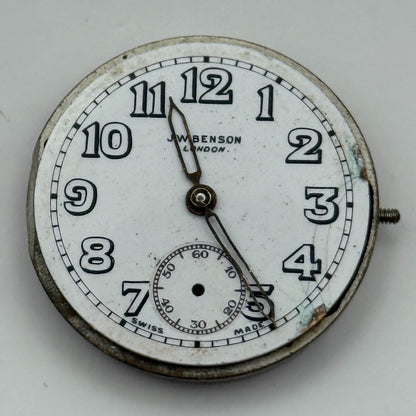 J W Benson Trench 15 Jewels Watch Movement Manual Wind Vintage Parts 27.1mm