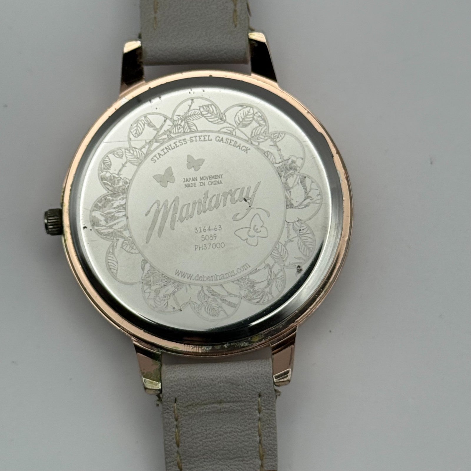 Mantaray Ladies Quartz Watch Floral Design Dial Grey Strap Japan Working 38mm