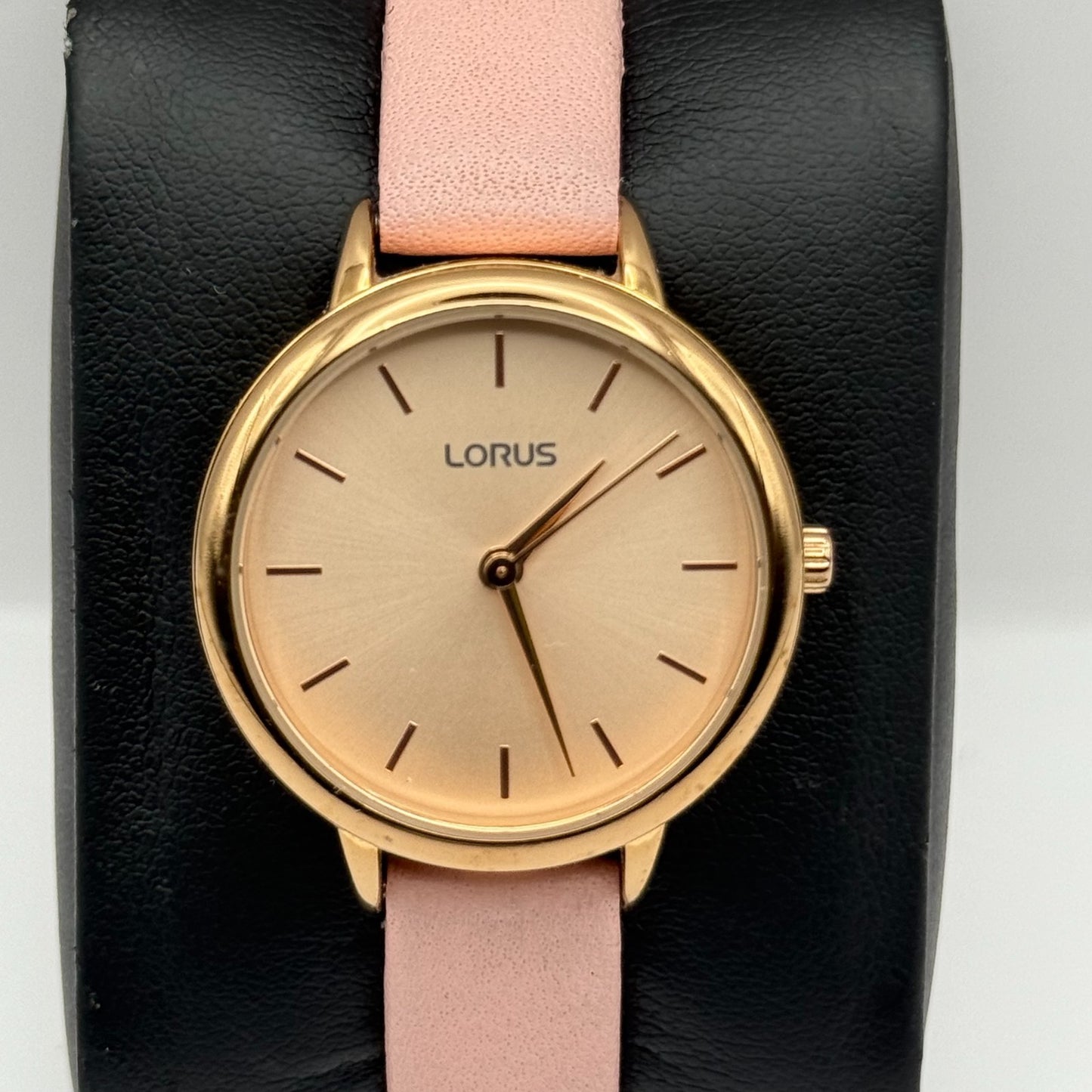 Lorus Ladies Quartz Watch Gold Tone Case Pink Leather Strap Japan Working 30mm
