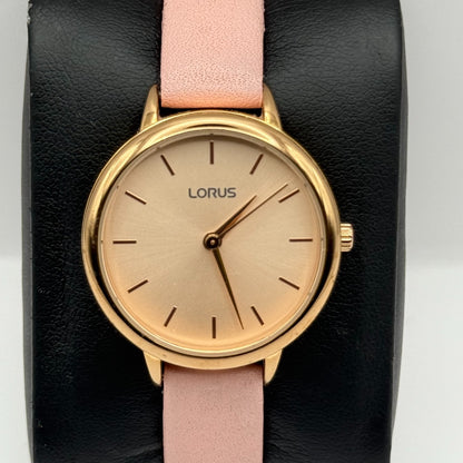 Lorus Ladies Quartz Watch Gold Tone Case Pink Leather Strap Japan Working 30mm