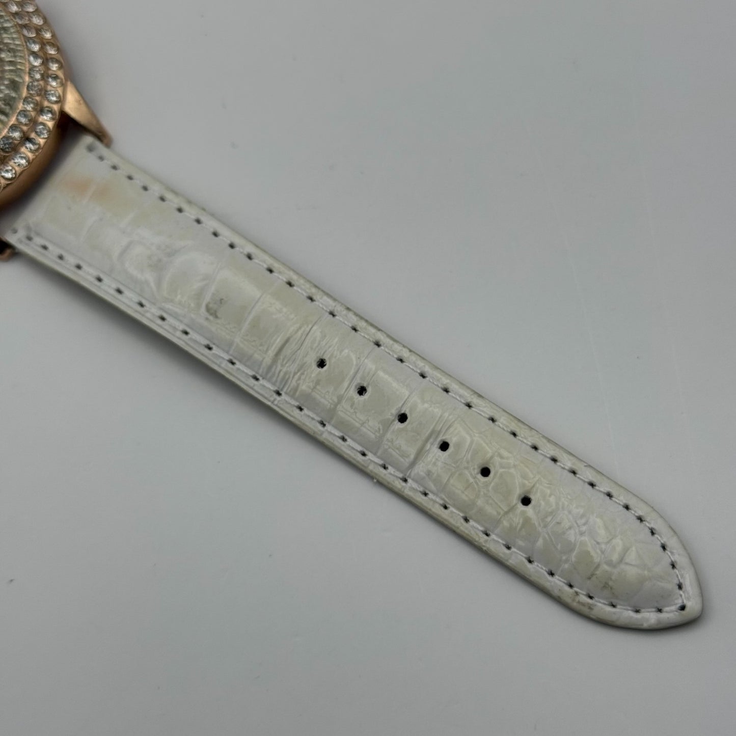 Gerryda Ladies Quartz Watch Rose Gold Crystal Accents White Strap Working 43mm