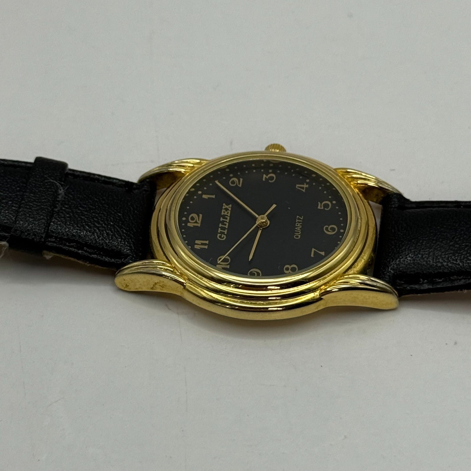 33mm Working Gillex Gold Plated Ladies Black Dial Strap Quartz Watch 6.5 Inches