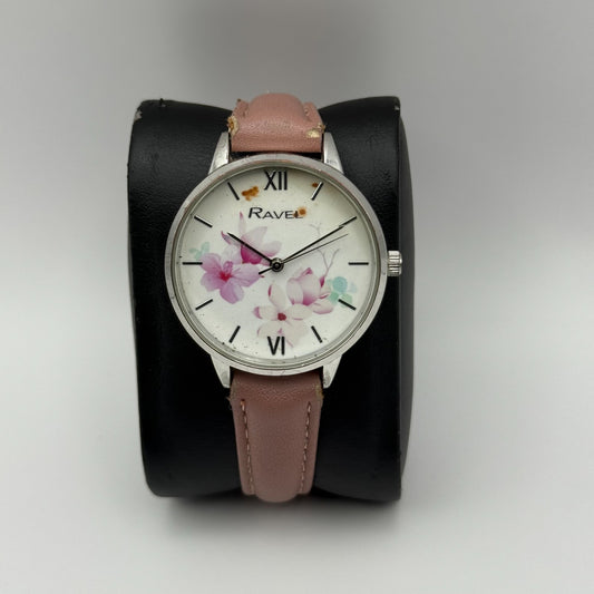 Ravel Ladies Quartz Watch Floral Dial Brown Strap Working 34mm New Battery