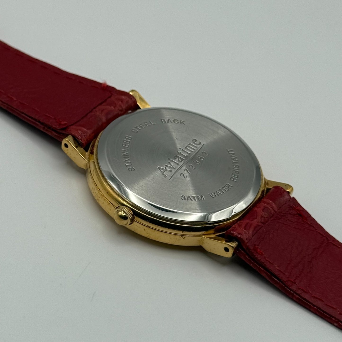 Aviatime Ladies Quartz Watch White Date Dial Red Leather Strap Working 33mm