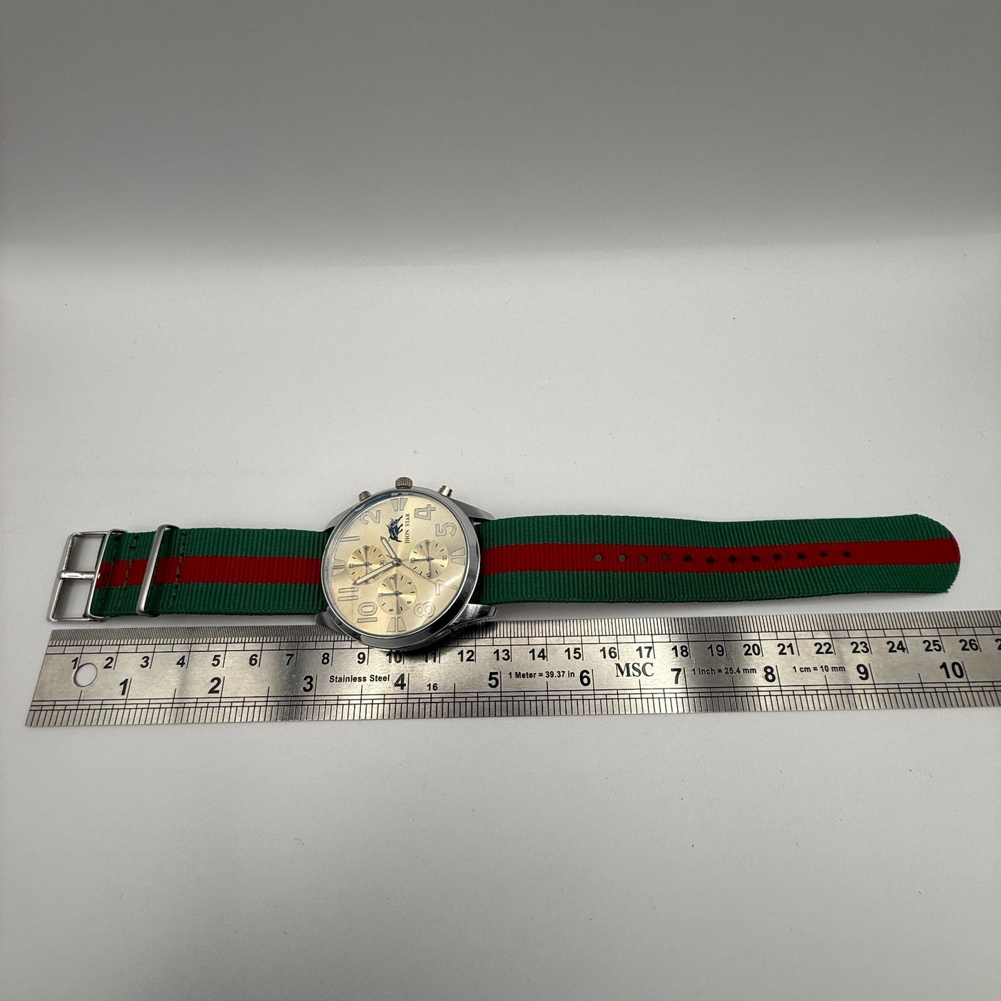 Jhon Star Men’s Quartz Watch Chronograph Gold Dial Green Red Strap Working 45mm