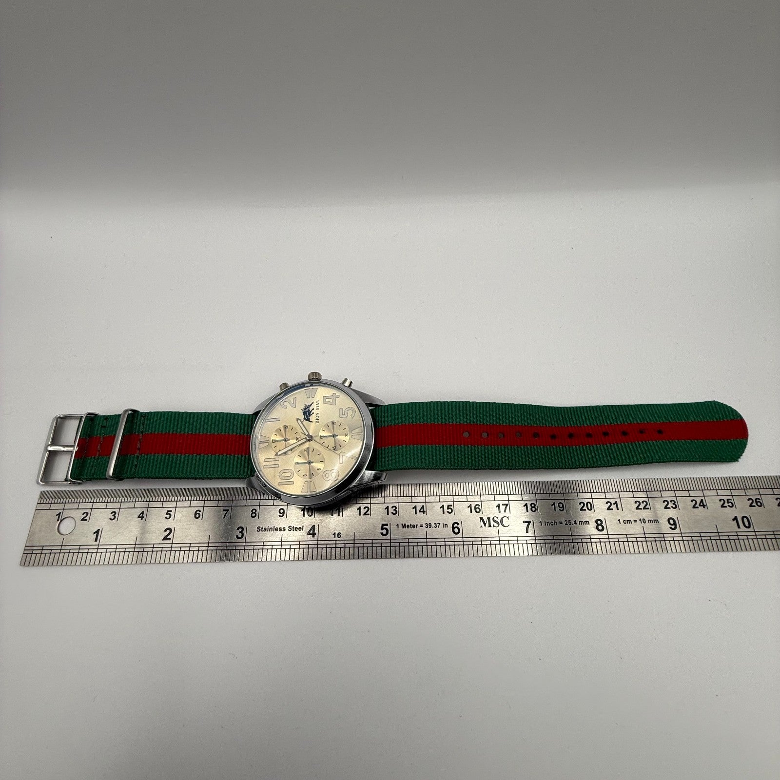 Jhon Star Men’s Quartz Watch Chronograph Gold Dial Green Red Strap Working 45mm