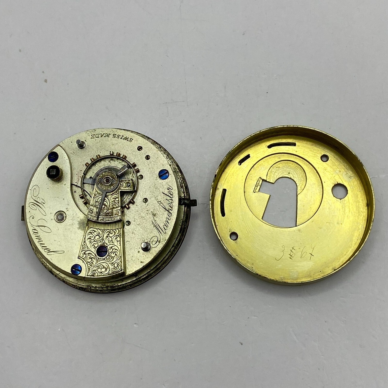 46.9mm Antique H Samuel Manchester Key Wound Swiss Pocket Watch Movement PARTS
