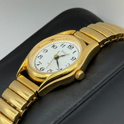 Hana Ladies Quartz Watch White Dial Gold Tone Expandable Band Steel Working 23mm