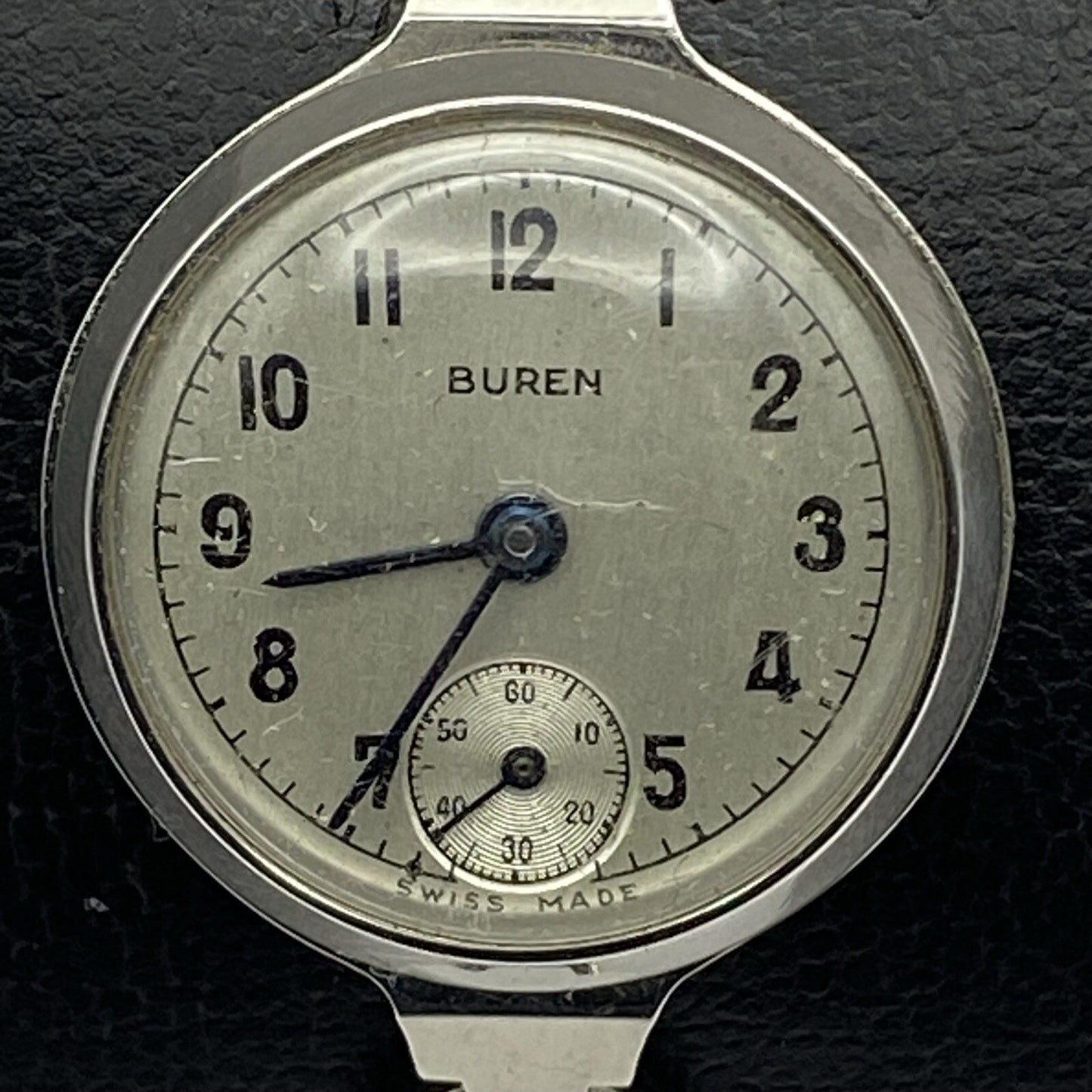 22mm Buren Sub Seconds Netonia Rodium Plated Strap Watch FOR PARTS