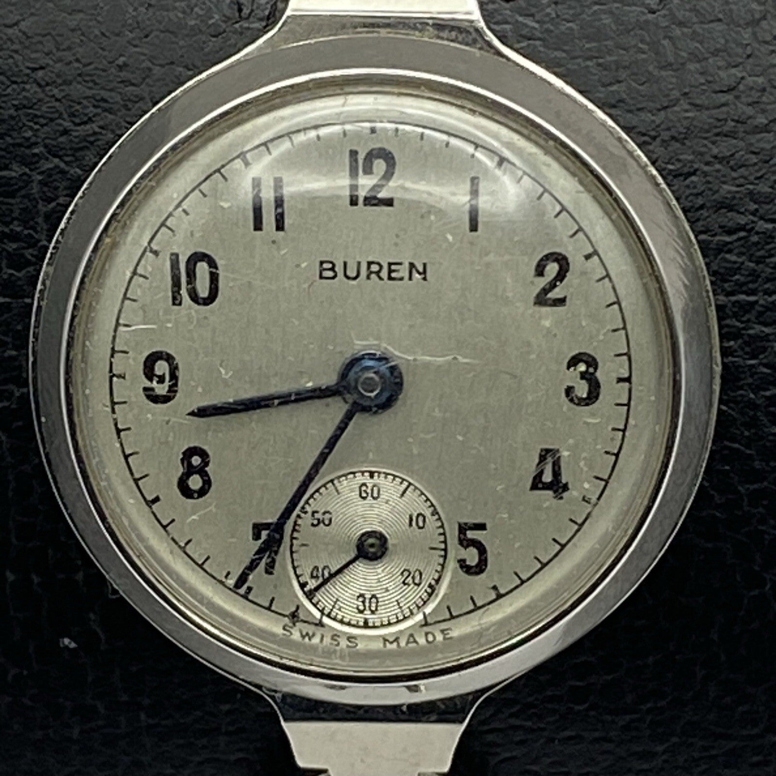 22mm Buren Sub Seconds Netonia Rodium Plated Strap Watch FOR PARTS
