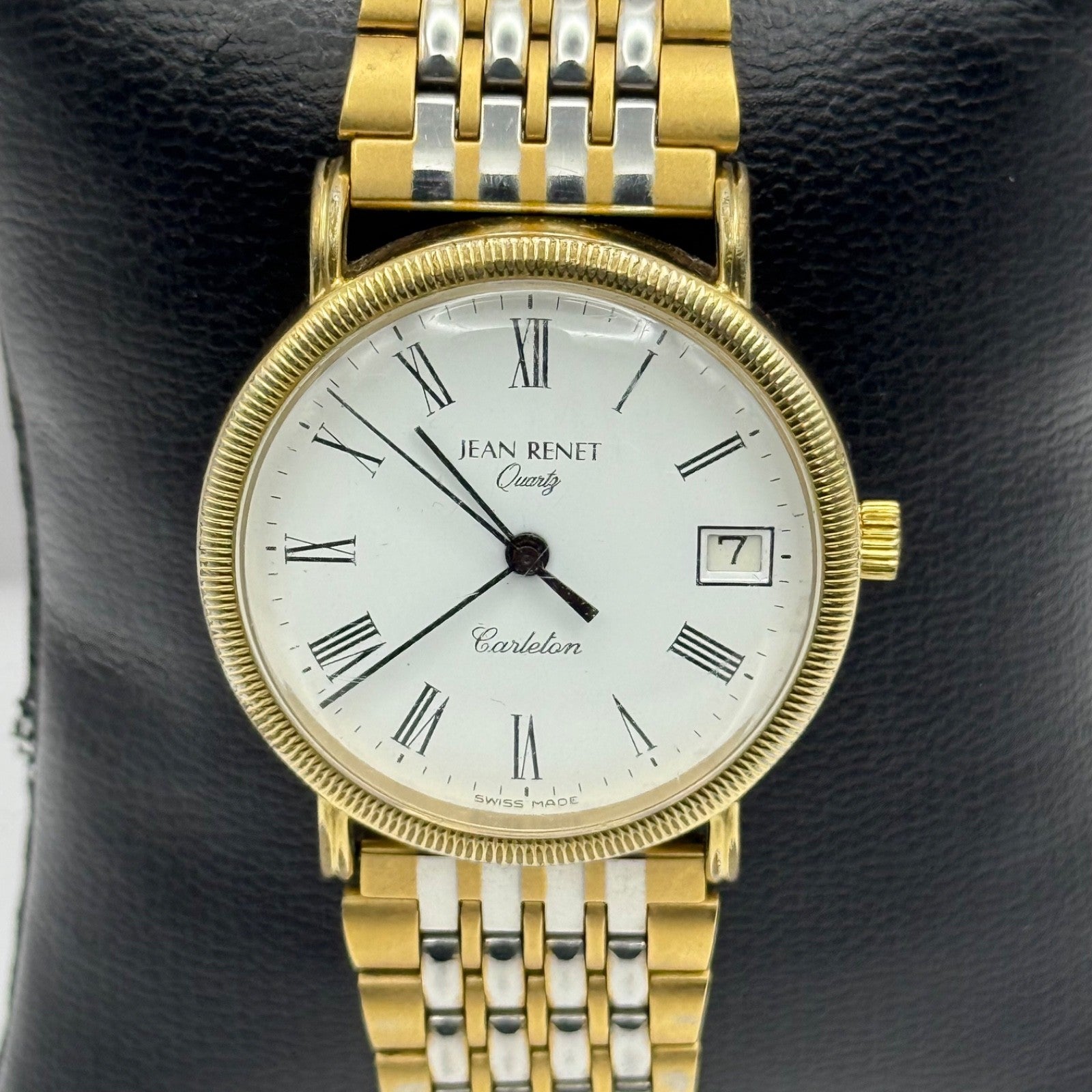 Jean Renet Carleton Watch Vintage Two Tone Bracelet Quartz Date Dial Swiss 33mm