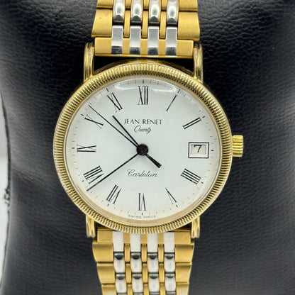 Jean Renet Carleton Watch Vintage Two Tone Bracelet Quartz Date Dial Swiss 33mm