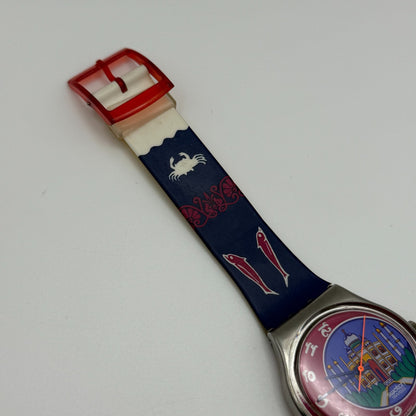 1992 Swatch Taj Mahal India Delhi Blue Strap Quartz Watch Swiss + Box 34mm