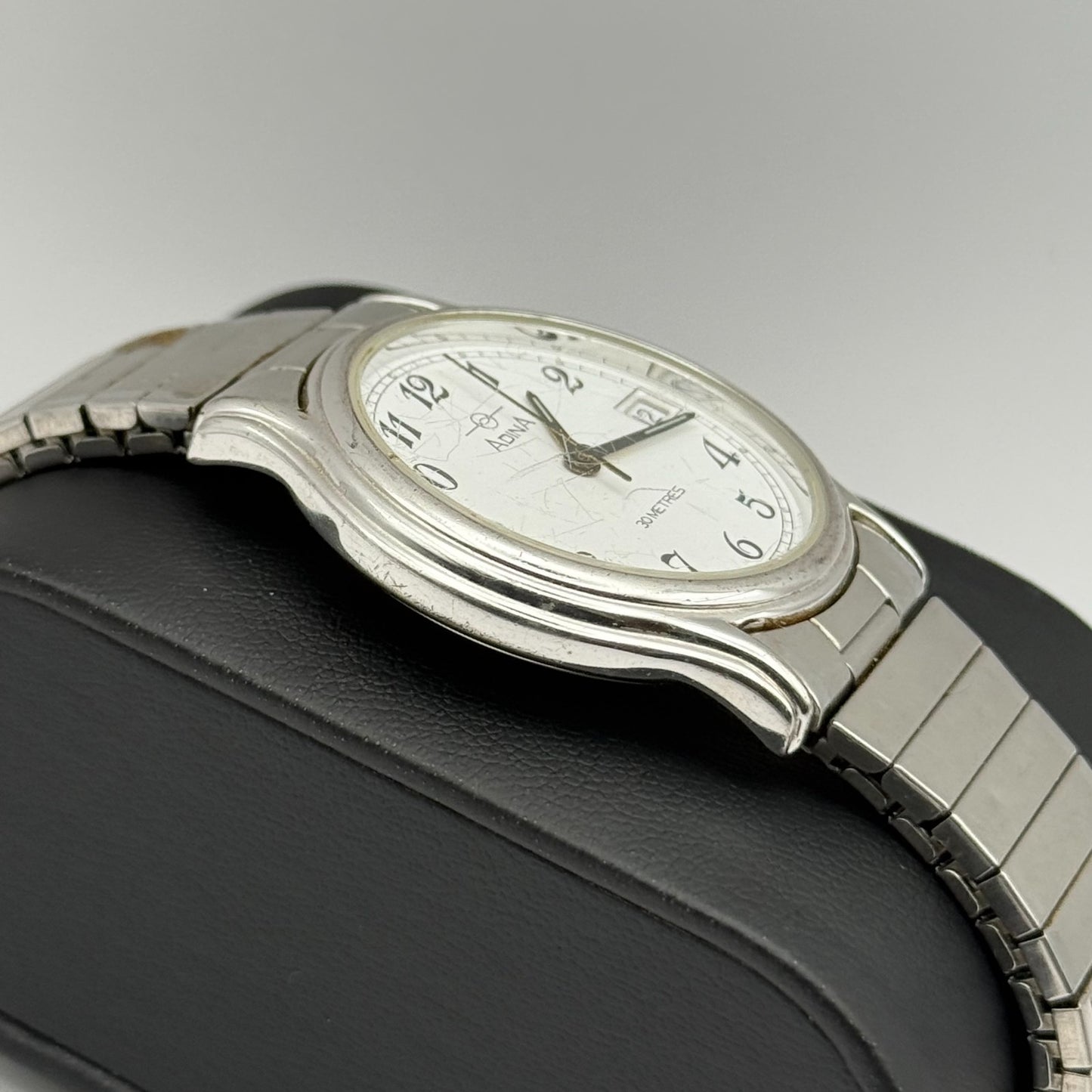 Adina Design Ladies Quartz Watch Date Dial Silver Tone Stretch Band Working 33mm