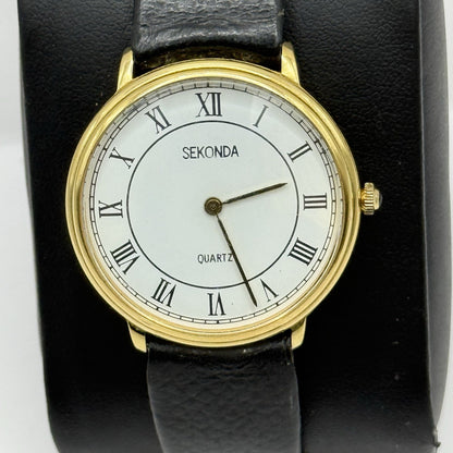 31mm Working Sekonda Quartz Gold Plated Leather Strap Quartz Watch New Battery