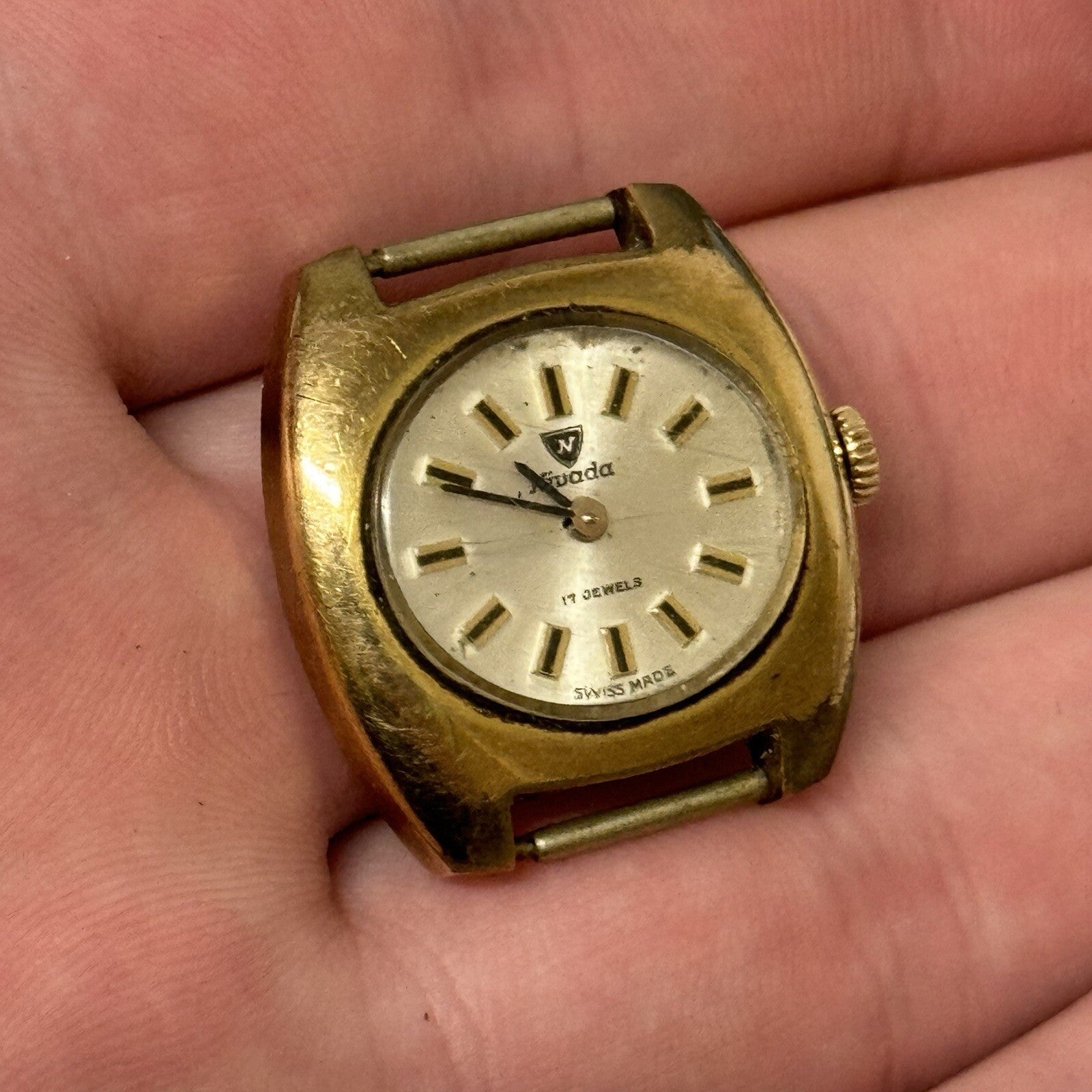 24mm Ladies Manual Wind Nivada Gold Plated Watch Head RUNS FOR PARTS TO RESTORE