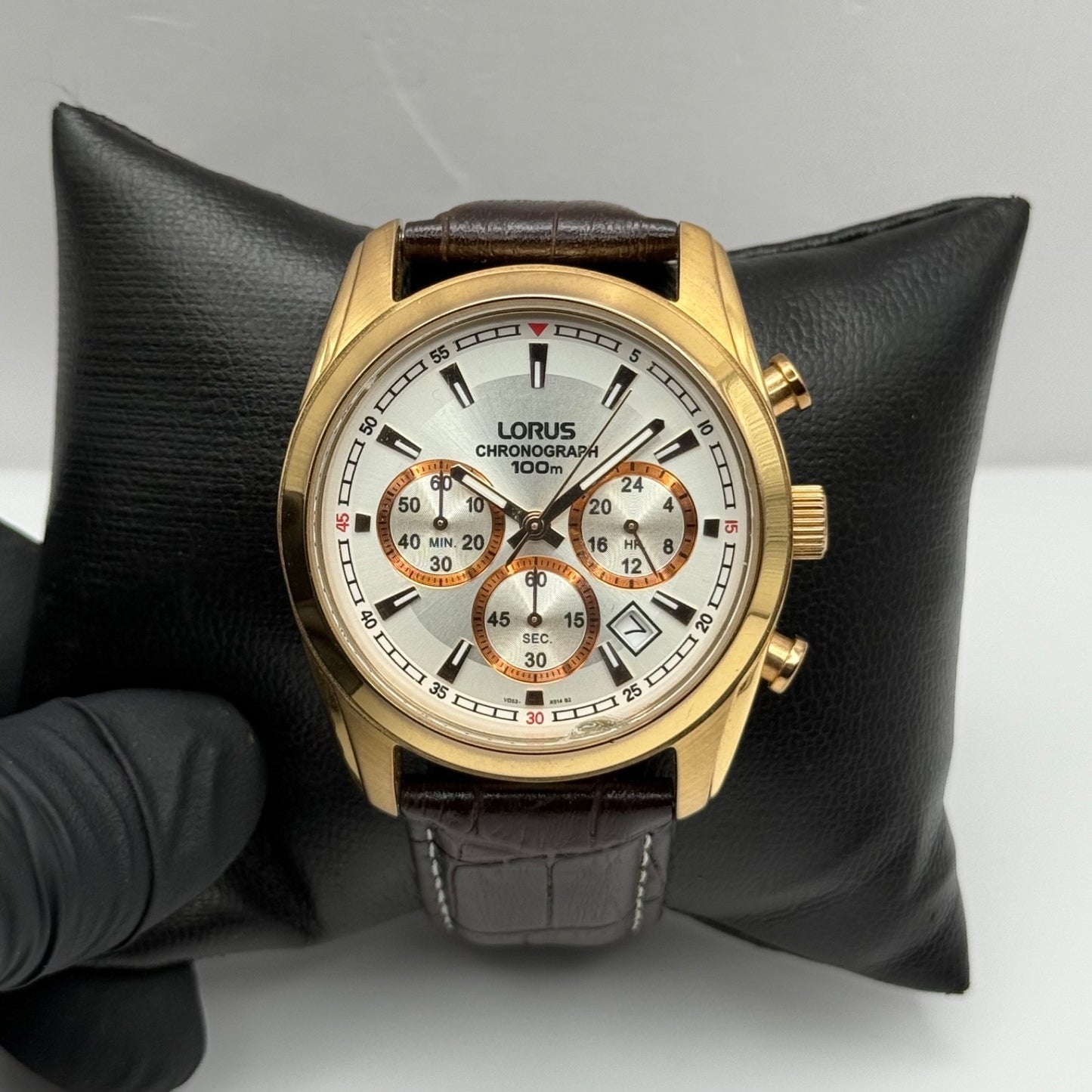 Lorus Chronograph Mens Watch 100M Quartz VD53-X024 Leather Strap 43mm Japan