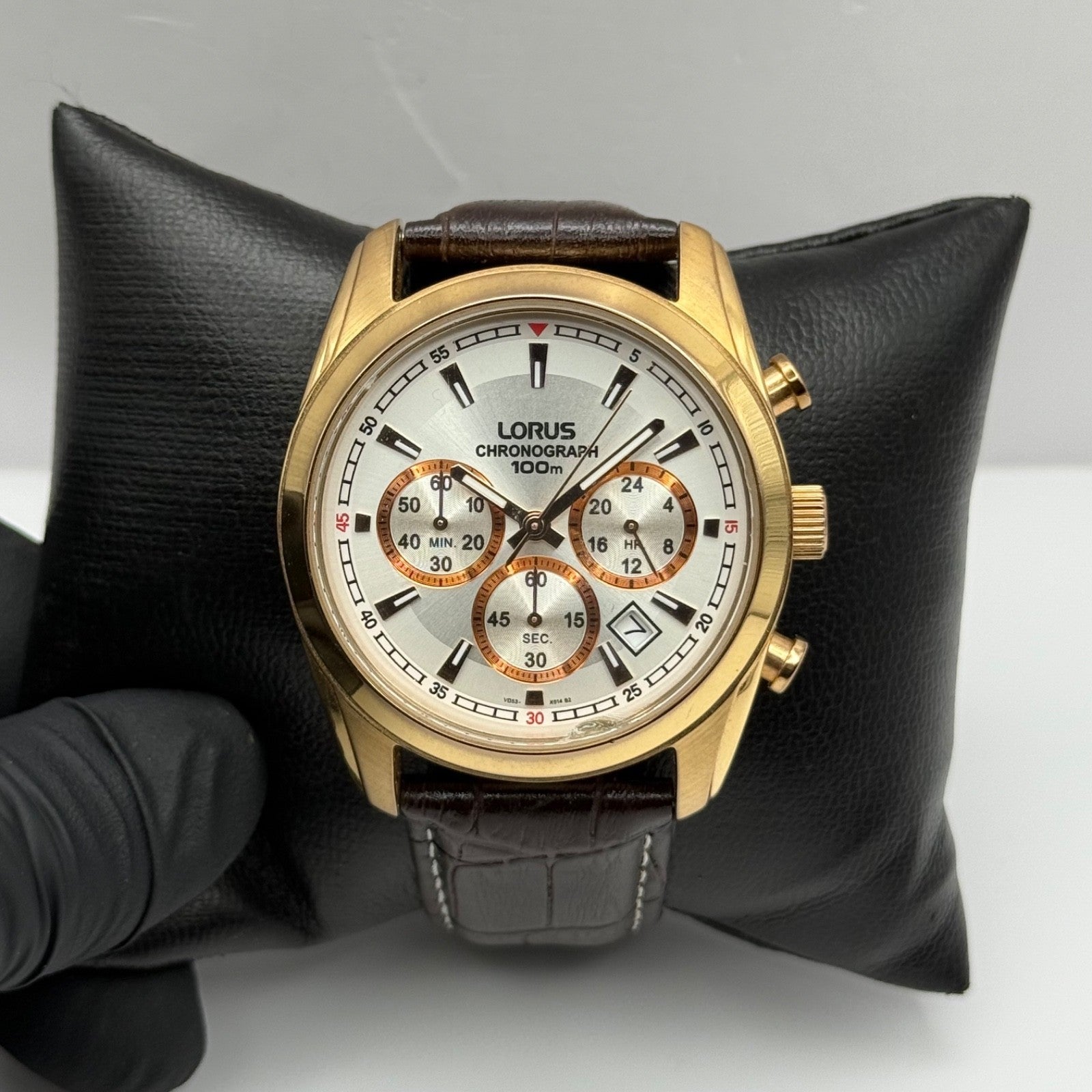 Lorus Chronograph Mens Watch 100M Quartz VD53-X024 Leather Strap 43mm Japan