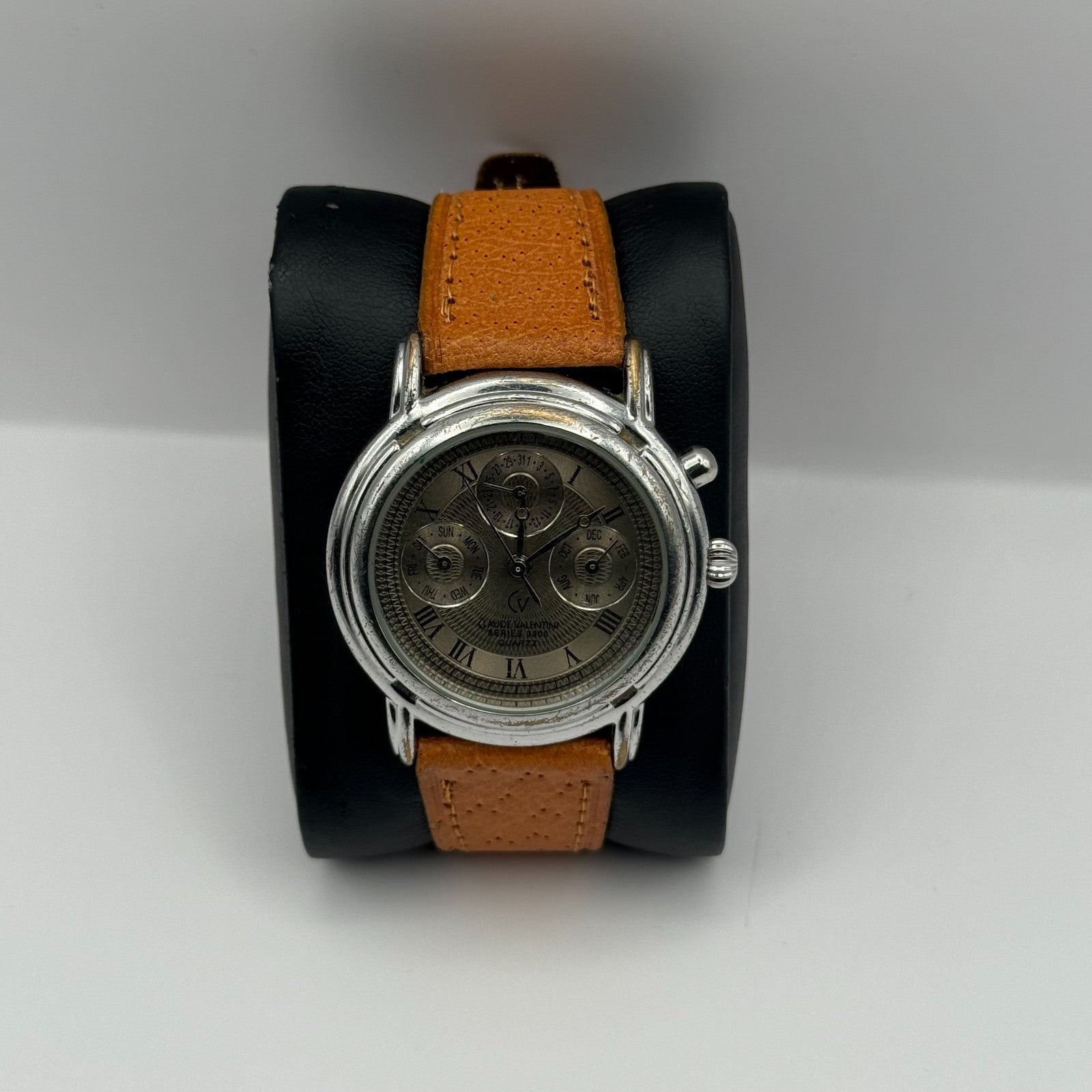 Claude Valentini Series 3000 Men's Quartz Watch Tan Leather Strap Working 36mm