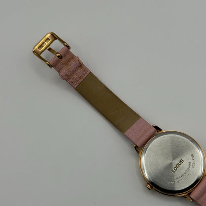 Lorus Ladies Quartz Watch Gold Tone Case Pink Leather Strap Japan Working 30mm