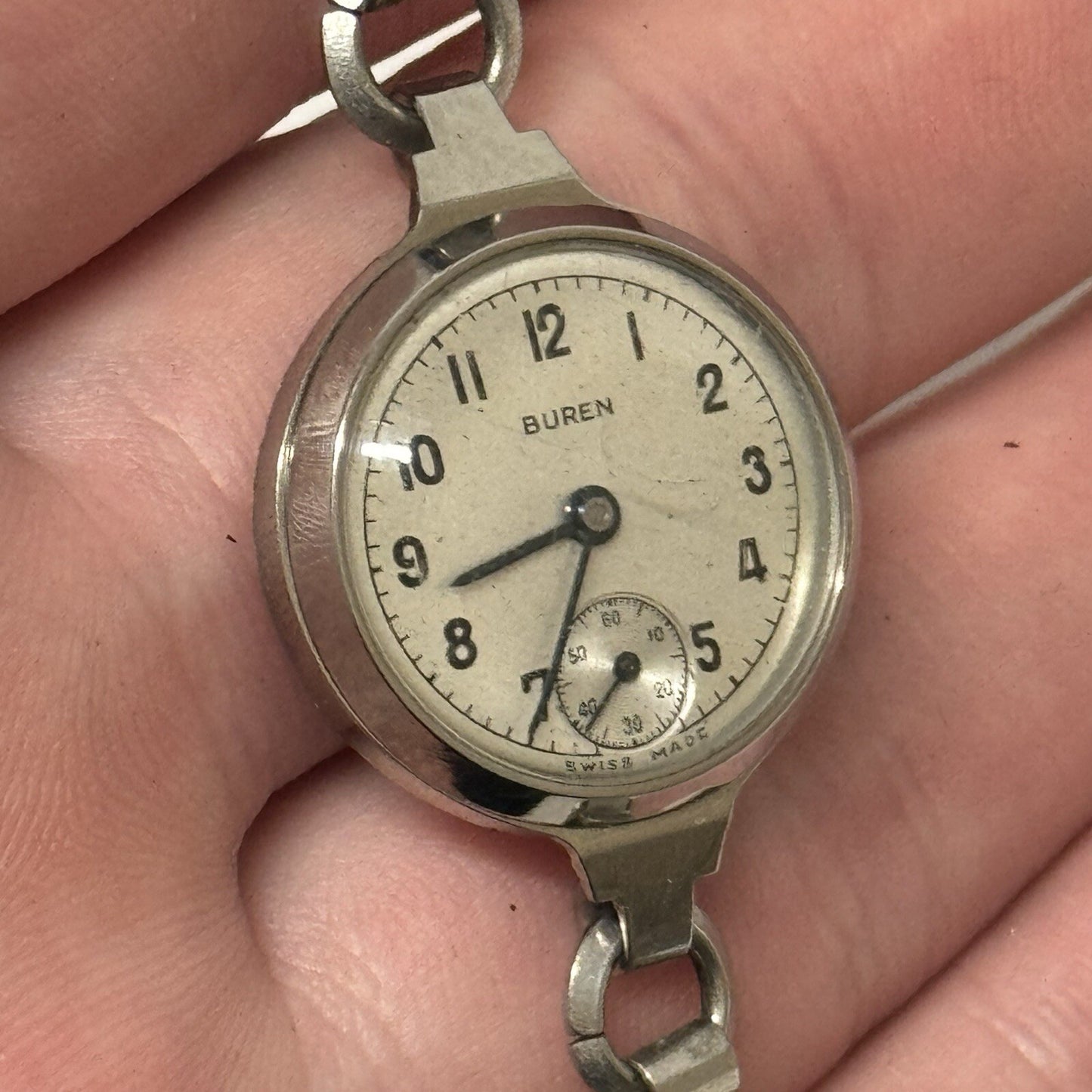 22mm Buren Sub Seconds Netonia Rodium Plated Strap Watch FOR PARTS