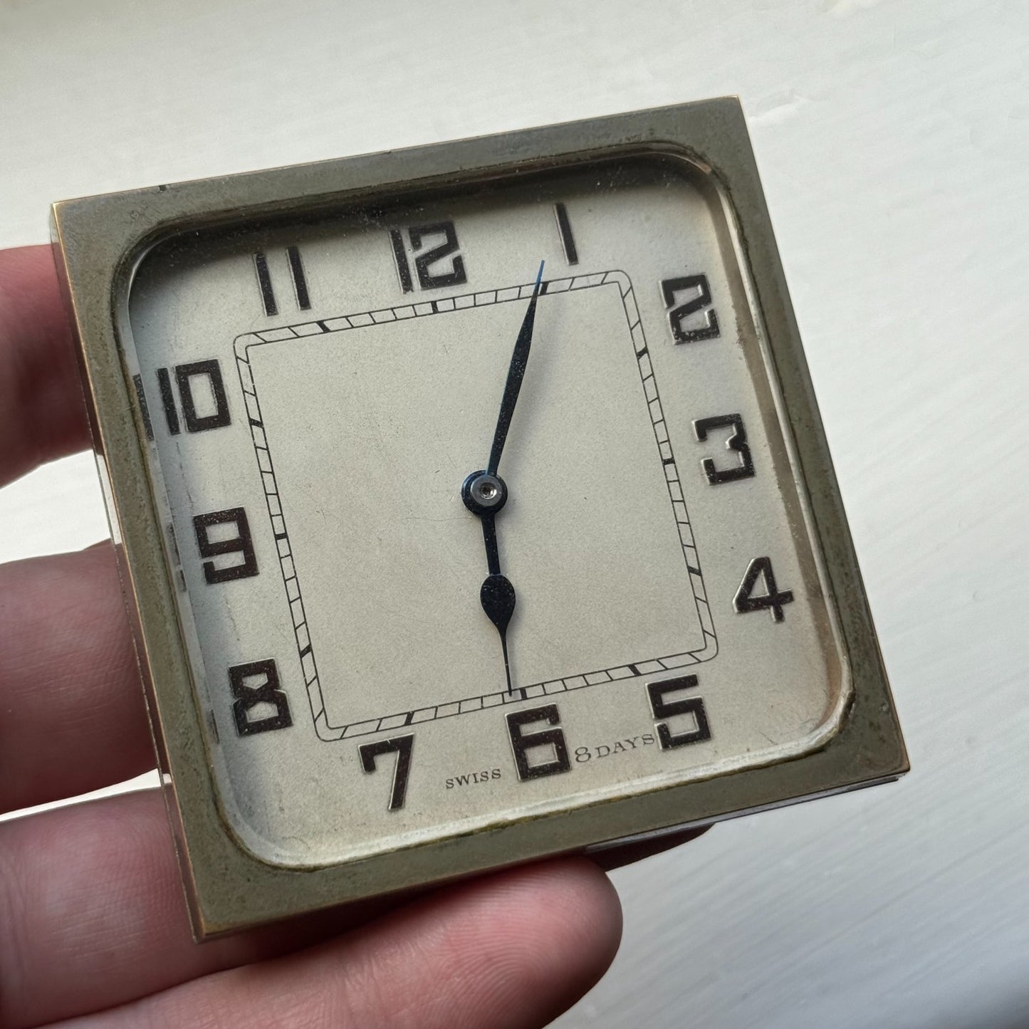 Vintage 8-Day Clock Square Unusual Metal Dore Fab Suisse 6 Jewels To Repair