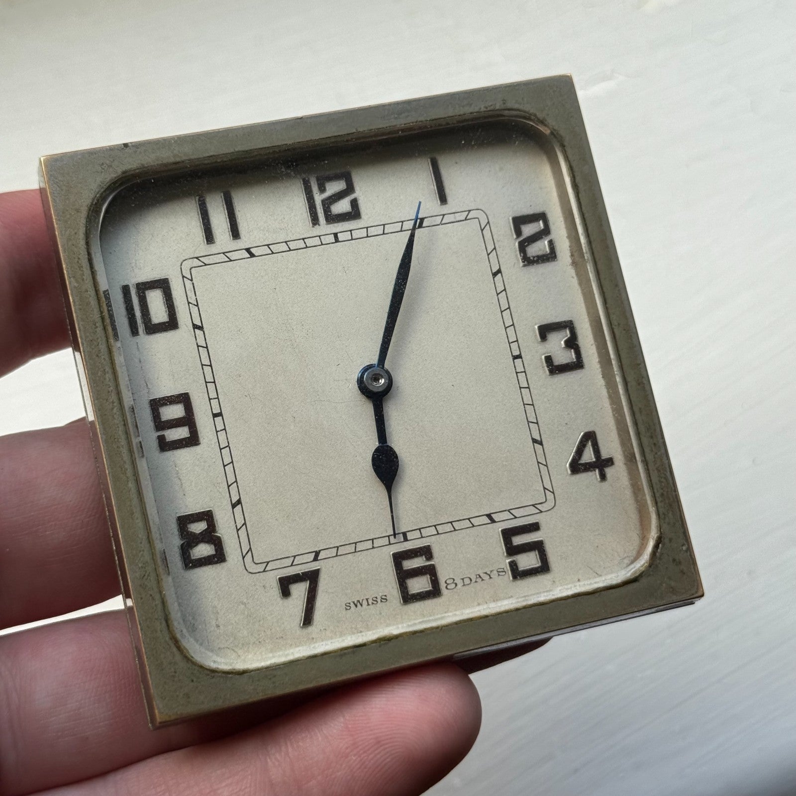 Vintage 8-Day Clock Square Unusual Metal Dore Fab Suisse 6 Jewels To Repair