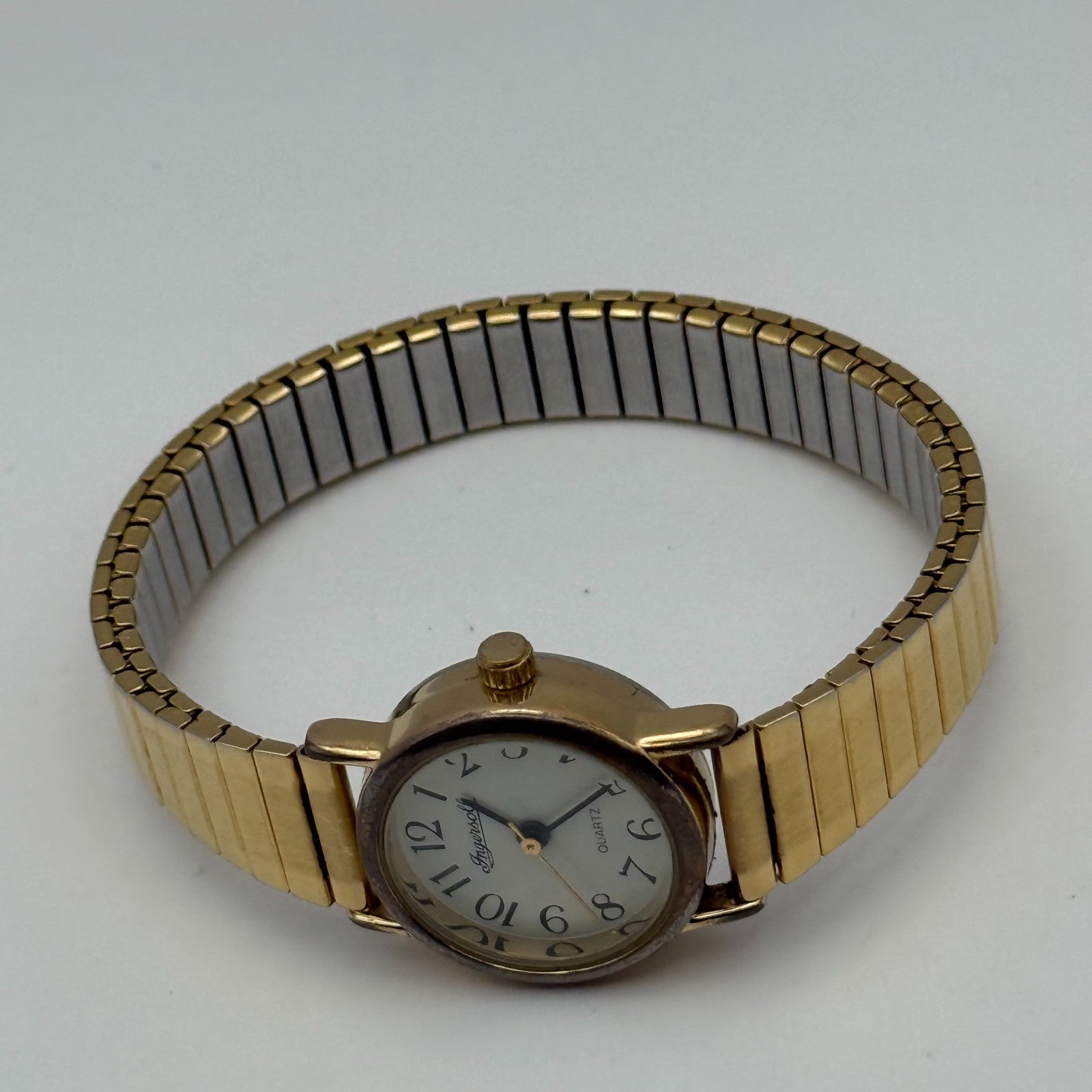 Ingersoll Ladies Quartz Watch White Dial Gold Tone Stretch Band Working 21mm