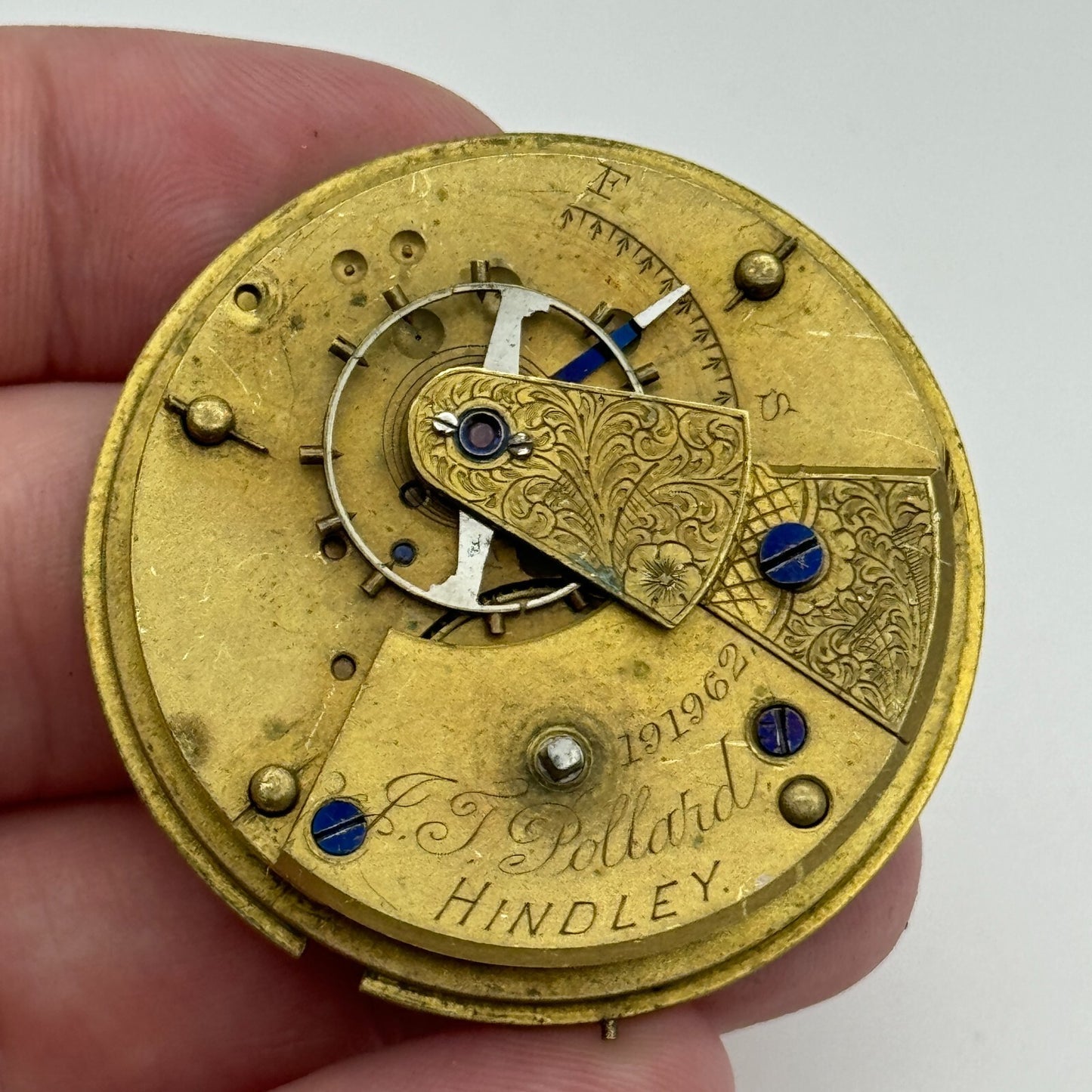 43.2mm Antique J J Pollard Hindley Key Wound Pocket Watch Movement PARTS REPAIR