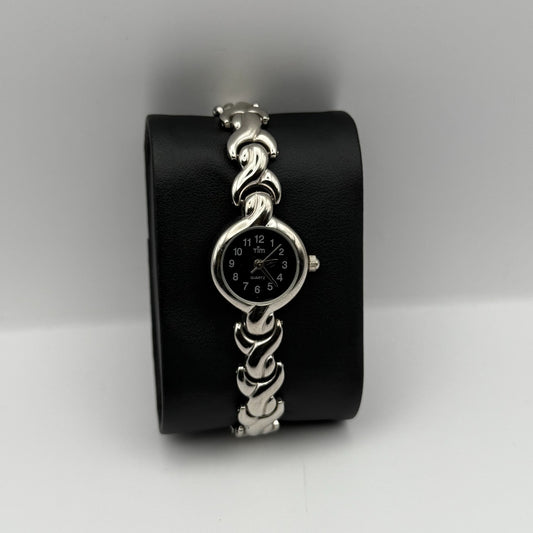 Tim Ladies Quartz Watch Black Dial Silver Tone Bracelet Working 20mm 6.75 Inches