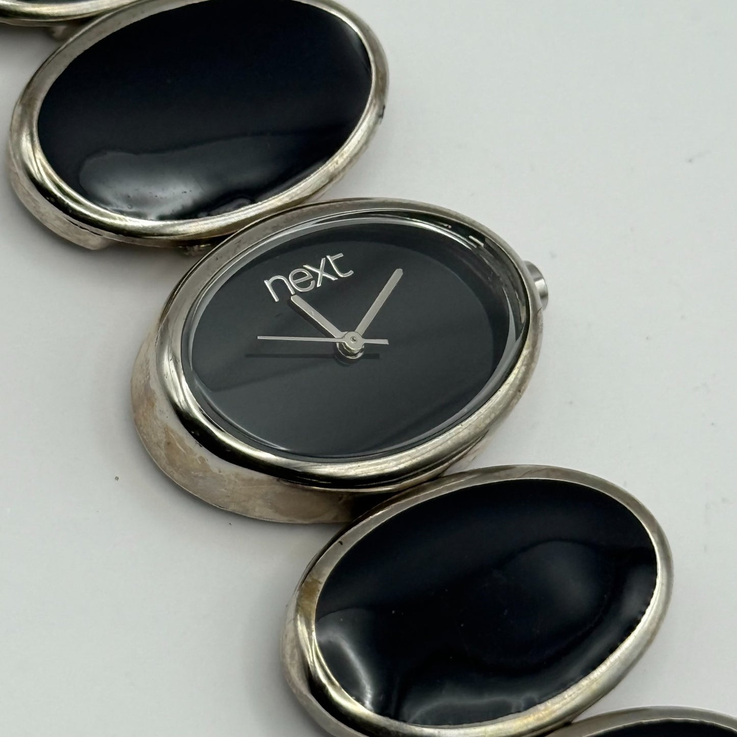 Next Ladies Quartz Watch Black Silver Tone Oval Bracelet Working 30mm 6 Inches