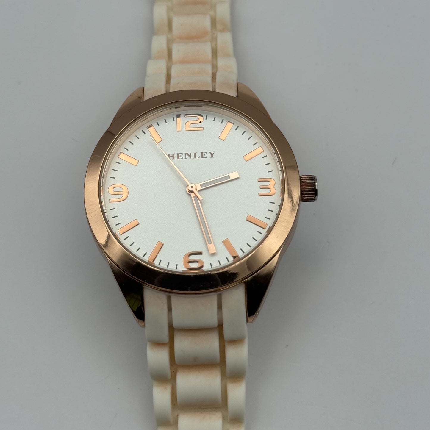 Henley Ladies Quartz Watch White Dial Rose Gold Tone Case Japan Working 40mm